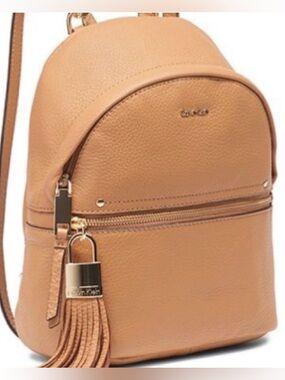 Calvin Klein Lynn Cognac Pebbled Leather small Backpack with Tassel